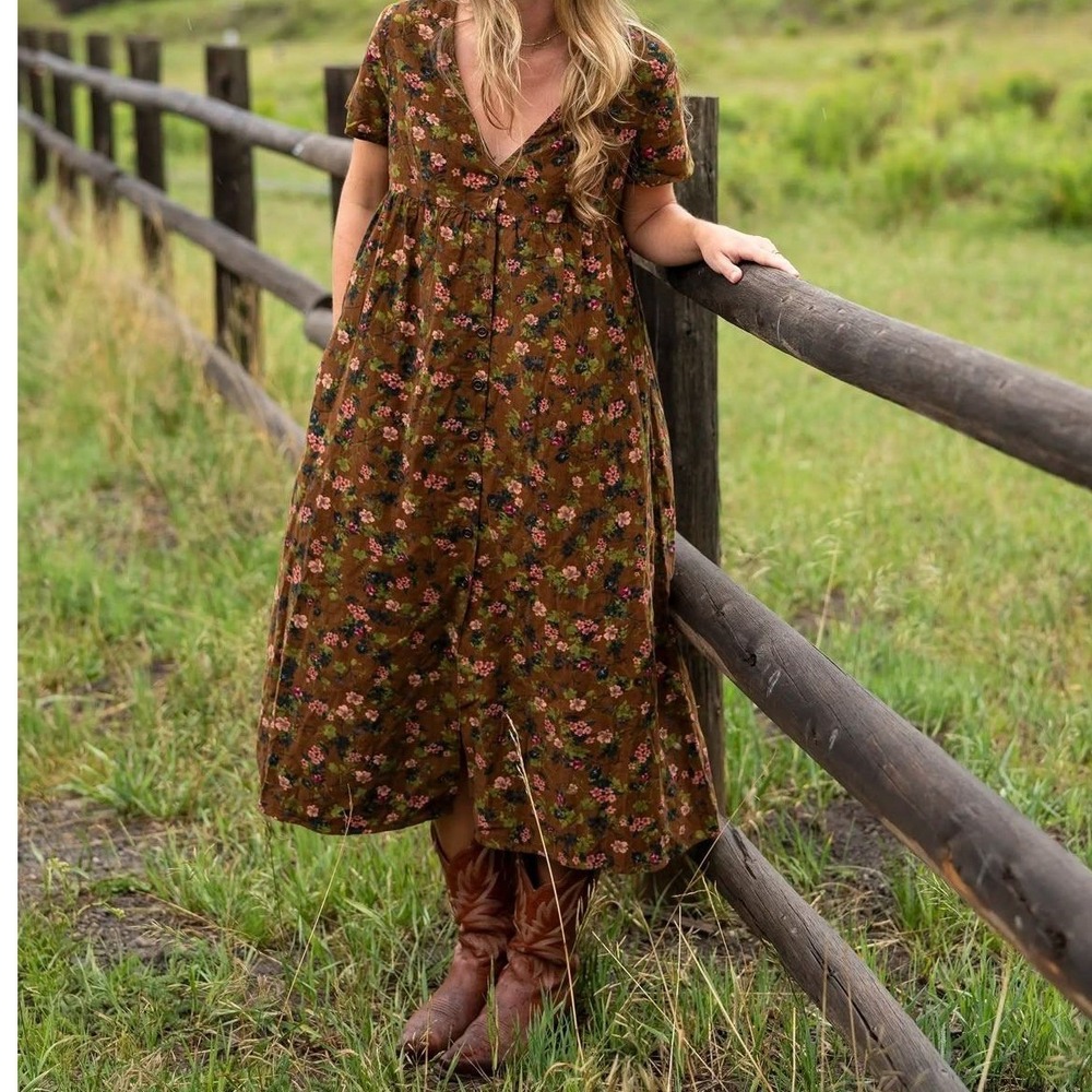 NATURAL LIFE Olive Brown Floral Midi Dress